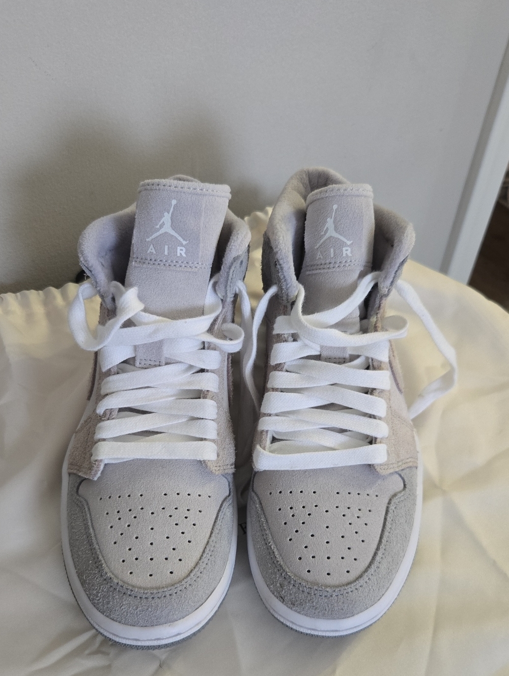 Jordan Light Gray and White Suede High-Top Sneakers